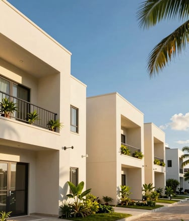 A low-angle, professional architectural photograph of a modern housing development in a Caribbean / Jamaican suburban setting. The building features clean lines and warm cream ivory walls, accented by vibrant moss green landscaping. The sky is a bright, clear blue with golden tropical sunlight.