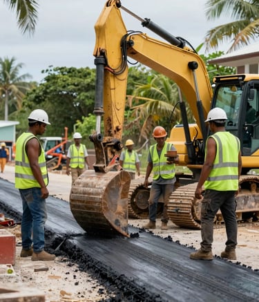 A high-action, professional photograph of a construction crew at a site in a Caribbean / Jamaican coastal area. Workers are wearing safety vests in vibrant moss green, operating heavy machinery near a newly laid road. The atmosphere is industrious and reliable.