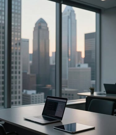 A professional North American office with floor-to-ceiling windows overlooking a metropolitan financial district. The scene features a minimalist workspace with a laptop and digital tablets. Soft natural morning light, dark navy and cool gray tones.
