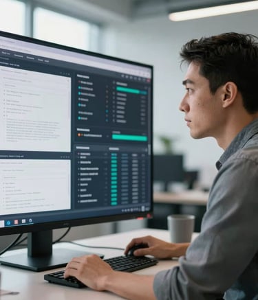 A professional specialist in a modern US tech hub office looking at a large screen displaying complex data visualizations and website wireframes. The lighting is bright and airy, highlighting a focused, results-driven expression. The color palette features dark charcoal and pale silver tones.