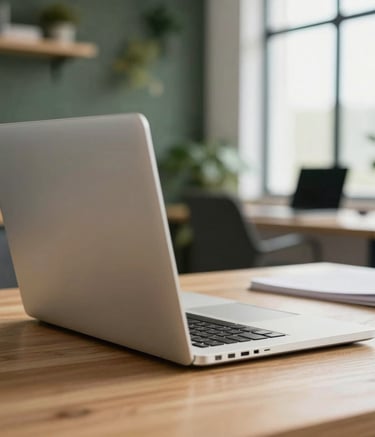 Close-up of a high-end laptop on a wooden desk in a bright North American creative studio. The background features a blurred living green wall and professional office setting. The natural light emphasizes a sophisticated and impactful mood, with steel gray and off-white colors.