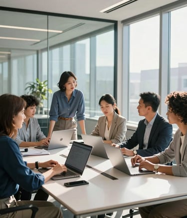 A professional North American office interior with large glass windows and bright sunlight. A diverse team in business casual attire is collaborating around a sleek conference table with laptops, in an atmosphere of trust and expertise. Accents of bright blue and off-white are present in the decor.