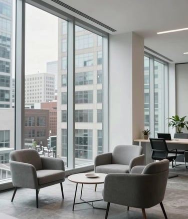 Professional North American urban office interior with floor-to-ceiling windows, minimalist furniture in light gray and dark gray tones, bright natural lighting, professional and clean atmosphere.