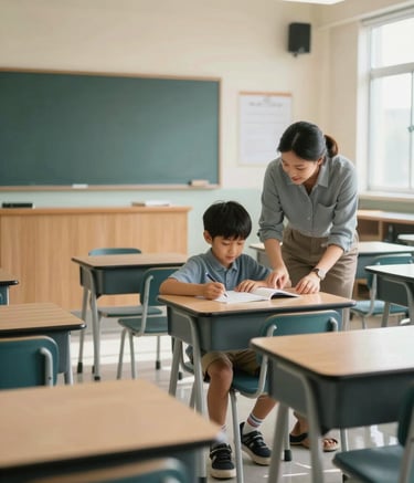 A wide shot of a modern, sunlit classroom in a North American / US school, showing accessible desks and a teacher helping a student. The composition uses the rule of thirds with a soft focus on the background. Colors include muted teal and light cream, projecting a warm and inviting atmosphere.