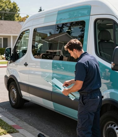 A professional service van branded with subtle deep teal accents, parked on a North American / US residential street. A clean-cut technician is organizing high-quality glass repair tools in the back of the van under bright, natural daylight, reflecting a modern and efficient service atmosphere.
