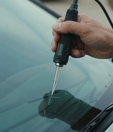 A close-up photograph of a steady hand using a precision glass injection tool on a car windshield. The lighting is crisp and clear, highlighting the craftsmanship. The setting is a North American / US outdoor environment. Colors feature light blue and deep teal tones.