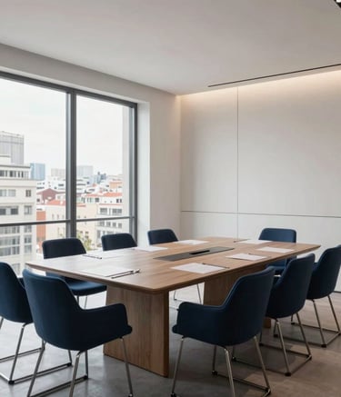 A wide-angle professional photograph of a modern, sophisticated boardroom in a Spanish city. The decor is clean and minimalist with Dark Blue chairs and Off-white walls. Large windows show a blurred cityscape. Sophisticated and high-end feel.