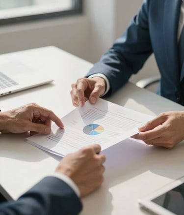 A close-up professional photograph of a consultant's hands reviewing strategic business documents on a sleek desk in a sunlit European office. The atmosphere is professional and expert, featuring a palette of Off-white and Medium Blue. Soft, natural lighting.