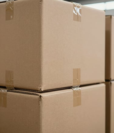 Close-up of a stack of heavy-duty, double-walled corrugated shipping boxes in a clean, brightly lit industrial warehouse. The image uses a professional color palette of #2C2C2B and #A08D7D, emphasizing durability and precision in manufacturing.