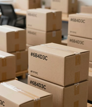 A wide-angle view of a modern shipping department with neatly organized stacks of branded e-commerce mailer boxes. Soft daylight highlights the textures of the brown cardboard and the clean black printing. Colors: #6B4D3C, #F7F7F7, and #2C2C2B.