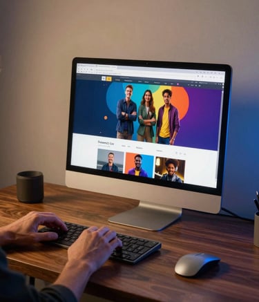 A professional North American creative environment. A designer's hands are visible at a clean dark oak desk with a high-resolution monitor displaying a vibrant web layout. Ambient light is soft with gold and electric blue accents.