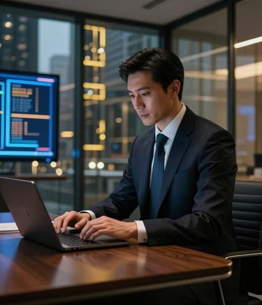 A high-end portrait of a professional in a sharp dark suit working in a luxurious, modern glass-walled boardroom in a US city. The lighting is dramatic and moody, with reflections of neon blue and gold from digital screens.