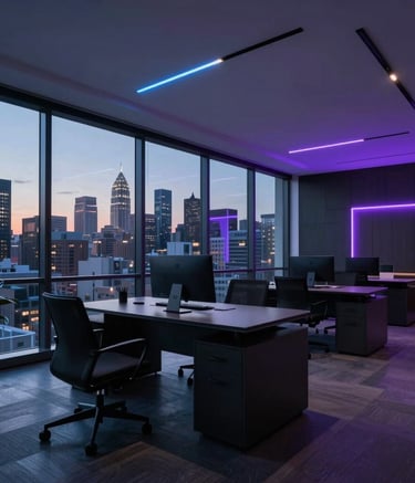 A wide-angle shot of a sleek, dark-toned digital agency office in a North American city at dusk. Large windows reveal a city skyline. The interior is lit with subtle neon blue and violet LED strips, featuring high-end minimalist furniture.