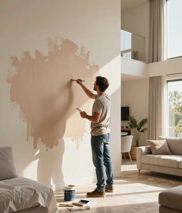 A professional painter working in a large, modern South American living room with high ceilings. The painter is applying a soft sand-colored paint to a wide wall. The room is filled with warm sunlight, clean furniture covered in protective cloth, and a friendly, professional mood.