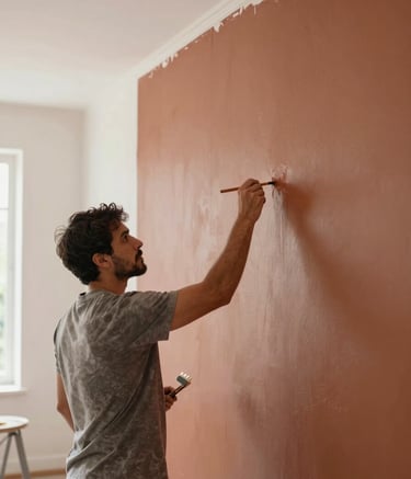 Detailed photography of a professional painter finishing a terracotta-colored accent wall in a spacious and bright South American suite. The lighting is soft and natural, highlighting the smooth texture of the paint and the clean lines at the ceiling edge. High-end, airy atmosphere.