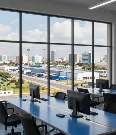 A wide-angle professional photograph of a bright, modern logistics coordination center in a Latin American / Spanish city. Through the large window, a glimpse of an organized industrial park. In the foreground, a clean steel blue workspace, reflecting a sense of reliability and modern efficiency.