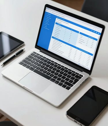A high-angle professional shot of a clean, modern desk in a Latin American / Spanish business setting. On the desk is a laptop displaying a sleek, professional accounting dashboard with steel blue and light sky blue interface elements. Next to it, a neatly placed tablet and a pen, emphasizing efficiency and professional order.