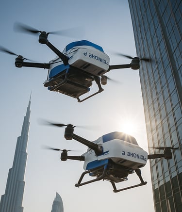 A dynamic, low-angle shot of two commercial cleaning drones in formation against the Dubai skyline. The drones are white and blue, marked with the S-Drones brand. They are positioned near the top of a futuristic skyscraper. The sun is shining, creating a lens flare and highlighting the metallic surfaces of the drones and the glass facade. The composition emphasizes technology and safety in a high-altitude Gulf setting.