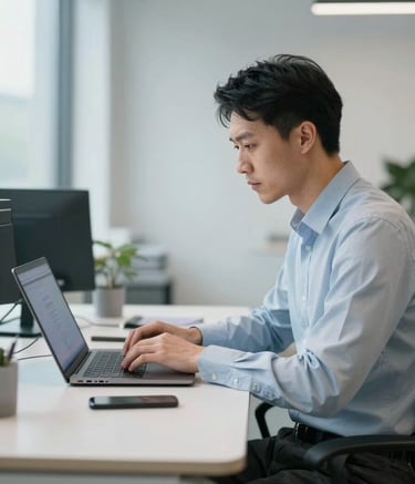 A professional cybersecurity consultant sitting in a modern, light-filled North American office, focusing on a laptop screen with soft blue lighting. The atmosphere is calm and focused, with a clean professional desk setup in shades of light blue and off-white.