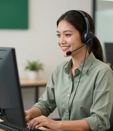 A professional Southeast Asian / Indonesian customer service representative wearing a modern headset, smiling warmly while looking at a computer screen. The office environment is clean and modern, featuring soft off-white walls and forest green office decor, shot in bright natural light.