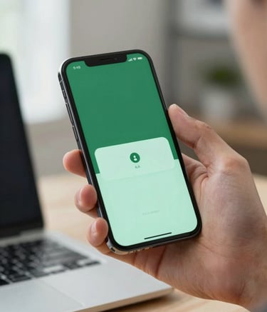 A close-up of a professional's hand holding a high-end smartphone with a modern app interface, set against a blurred professional Southeast Asian / Indonesian workspace. The scene features clean lighting with accents of forest green and seafoam green, evoking a sense of efficiency and reliability.