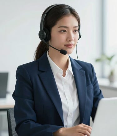 A sophisticated South American professional wearing a refined midnight blue blazer and a modern headset, speaking calmly into a microphone within a clean, pearl white office environment. The lighting is bright and natural, reflecting excellence in corporate customer service.