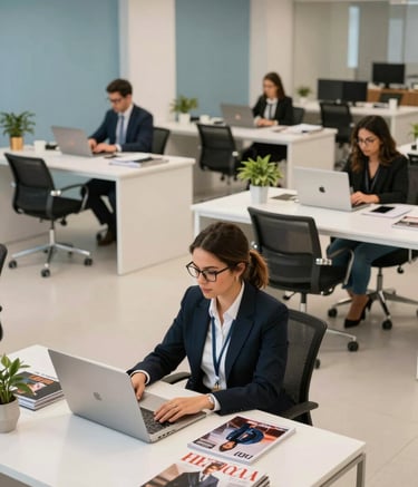 A bright, open-plan office in Brazil where professional staff work at pearl white desks. The atmosphere is calm and focused, with sky blue decorative elements and high-end menswear fashion magazines visible on coffee tables.