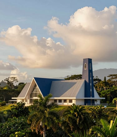 A serene landscape of a contemporary church building with modern architecture in a lush, green Central American / Costa Rican tropical setting during the golden hour, featuring accents of Deep Navy Blue and Soft Cloud White in the sky.