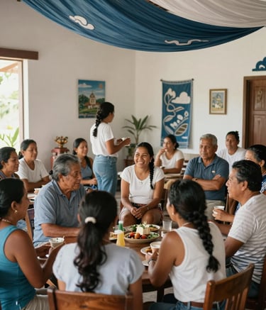 A warm, inviting scene of a community gathering in a bright, airy room in a Central American / Costa Rican town, people interacting with joy, decorated with Muted Steel Blue and Soft Cloud White textiles.