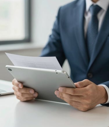 A close-up of a professional in a North American / US business suit reviewing documents on a modern tablet in a brightly lit office. The color palette features muted blue and soft off-white tones. The composition is clean and focused, projecting institutional reliability.