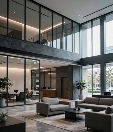 A wide-angle shot of a modern North American / US office lobby with glass walls and minimalist furniture. The lighting is soft and natural. Accents of dark slate grey and muted blue appear in the architecture, creating a professional and calm atmosphere.