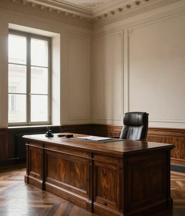 A wide photography shot of a sophisticated Italian law office interior. Dark wood furniture, elegant cream-colored walls, and a large window with soft sunlight. A professional and authoritative atmosphere with Southern European architectural details.