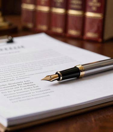 Close-up photography of a professional lawyer's desk in Italy. A high-quality fountain pen rests on a legal document, with a blurred background showing leather-bound law books. Lighting is warm and sophisticated, emphasizing gold and deep red tones.