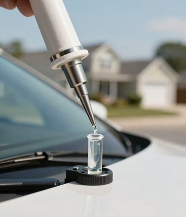 Macro photography of a precision glass repair injector mounted on a vehicle windshield. Clear resin is being applied with surgical accuracy. The background shows a soft-focus North American residential area under a bright, clean sky. Colors include shades of light blue and off-white.