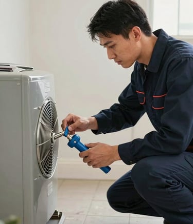 A professional HVAC technician in a dark navy uniform inspecting a modern furnace system in a North American / US home. The lighting is crisp and efficient, highlighting the steel blue tools and clean off-white surroundings.