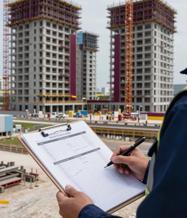 A wide shot of a large-scale modern building complex under construction. In the foreground, a technical report on a clipboard is visible, held by a professional in a dark royal blue safety vest. Deep carmine red accents are visible in the building's safety structures.