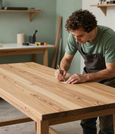 A professional and clean furniture restoration studio in Portugal. In the foreground, an artisan is carefully applying a natural finish to a solid oak table. The lighting is soft and natural, highlighting the wood grain. The background shows organized tools and a mood of craftsmanship. Palette includes Sage Green and Muted Beige tones.