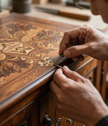 An artisan's hands in a European workshop, carefully repairing a delicate inlay on a vintage wooden cabinet. The scene is warm and inviting, with soft shadows and a focus on the precision of the craftsmanship.