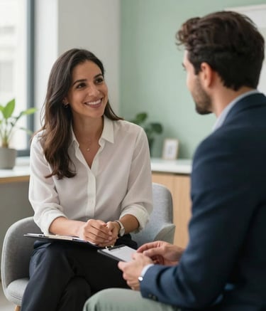 A professional advisor in a Spanish-speaking region engaging in a friendly, trustworthy consultation in a bright, modern office with soft white and sage green interior design elements.