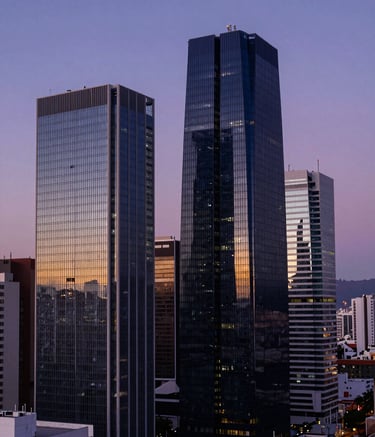 A high-end, modern architectural view of a financial district in a Latin American city at sunset, featuring sleek glass buildings reflecting deep navy blue and muted purple colors of the evening sky, suggesting stability and growth.