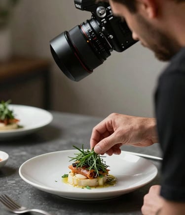 A behind-the-scenes photography session in a Western / European-influenced studio. A professional photographer is meticulously arranging a garnish of Matte Forest Green herbs on a gourmet dish. The lighting is soft and professional, capturing a refined, authentic moment of content creation.