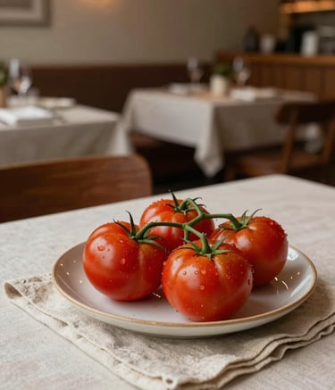 A cozy Scandinavian-style restaurant interior with warm lighting. A table features a plate of Deep Ripe Crimson heirloom tomatoes on a Crisp Parchment linen cloth. The setting is a refined, Western / European-influenced dining room.