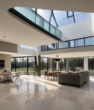 Architect reviewing blueprints at a construction site with steel beams.