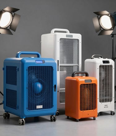 A clean, organized array of high-tech drying equipment including blue air movers and orange dehumidifiers ready for dispatch. Professional studio lighting, highlighting the modern gear.