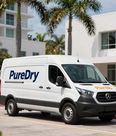 A white professional service van with dark blue and orange PureDry branding parked on a palm-lined street in Miami, Florida. Bright daylight, modern architecture in the background.