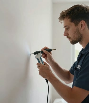 Professional restoration technician in a dark blue uniform using a moisture sensor on a wall in a modern Miami interior. High-quality photography with soft natural light and professional equipment visible.