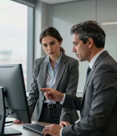 A close-up photograph of a professional South American corporate environment in Brazil. Two professionals in modern business attire are discussing data on a sleek monitor. The room is decorated in charcoal gray and light gray with clean lines and soft, natural lighting coming from a large window.
