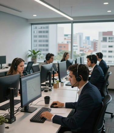 A wide-angle shot of a modern, minimalist tele-attendance office in Brazil. Professional South American staff are working at clean, light gray desks with black ergonomic chairs and high-end headsets. The atmosphere is professional and efficient, with cool natural lighting and a view of a city center through large windows.