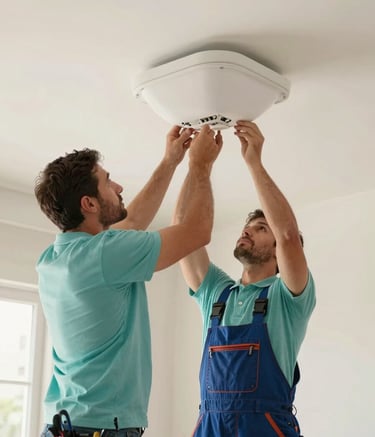 A professional electrician in work attire focused on installing a modern light fixture in a North American / US home. The composition is clean and minimalist, using a soft aqua and off-white palette to convey efficiency and reliability.