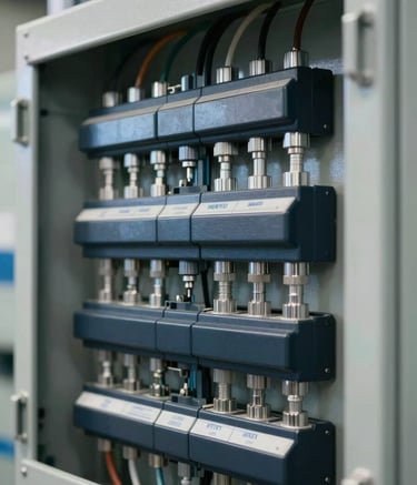 A close-up photograph of a clean, modern electrical panel with neatly organized wiring in a North American / US commercial facility. The lighting is bright and professional, highlighting silver conduits and dark navy components, reflecting sophisticated expertise.